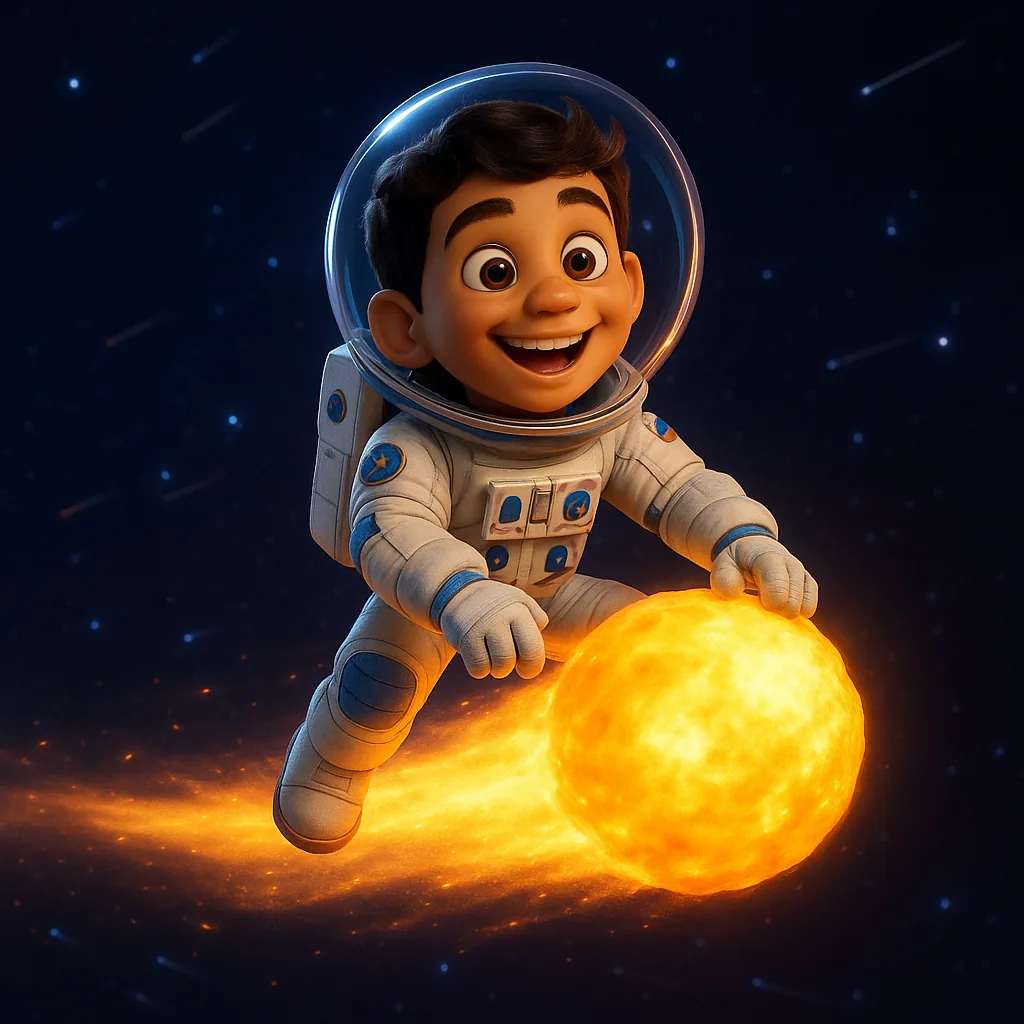 Illustrated astronaut riding a comet's tail