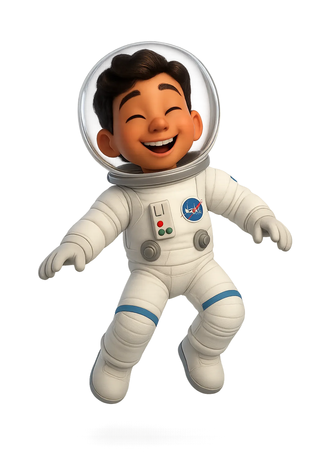 Illustrated young astronaut floating and laughing