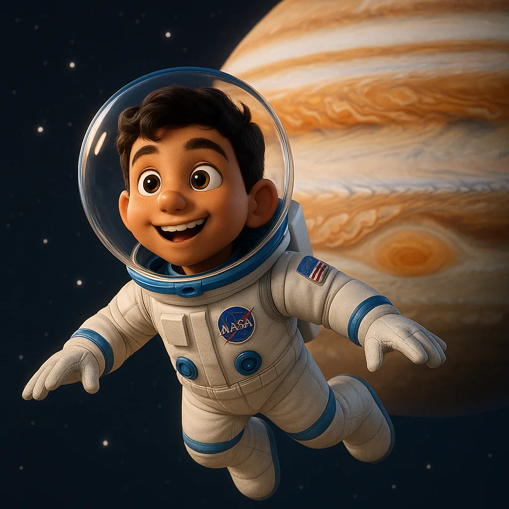 Astronaut sailing past Jupiter