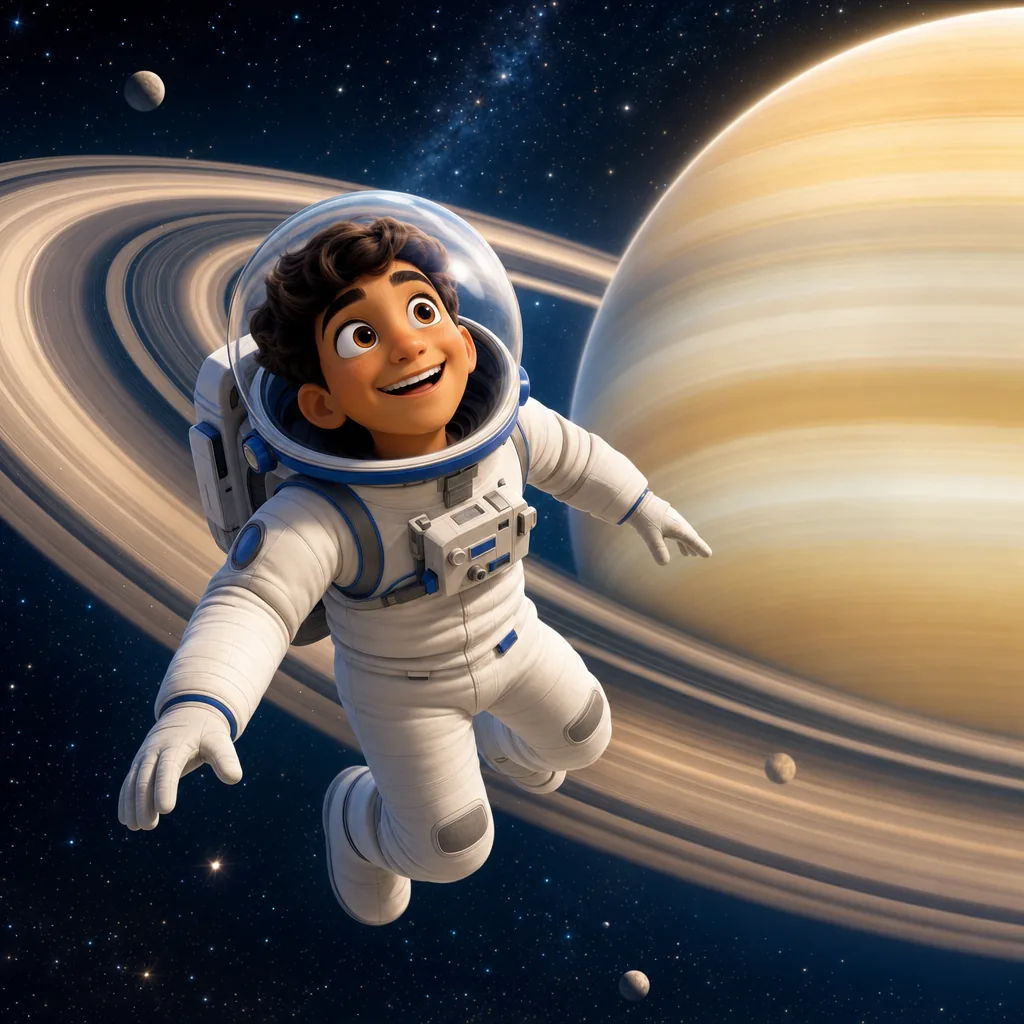 Astronaut sailing past Saturn's rings