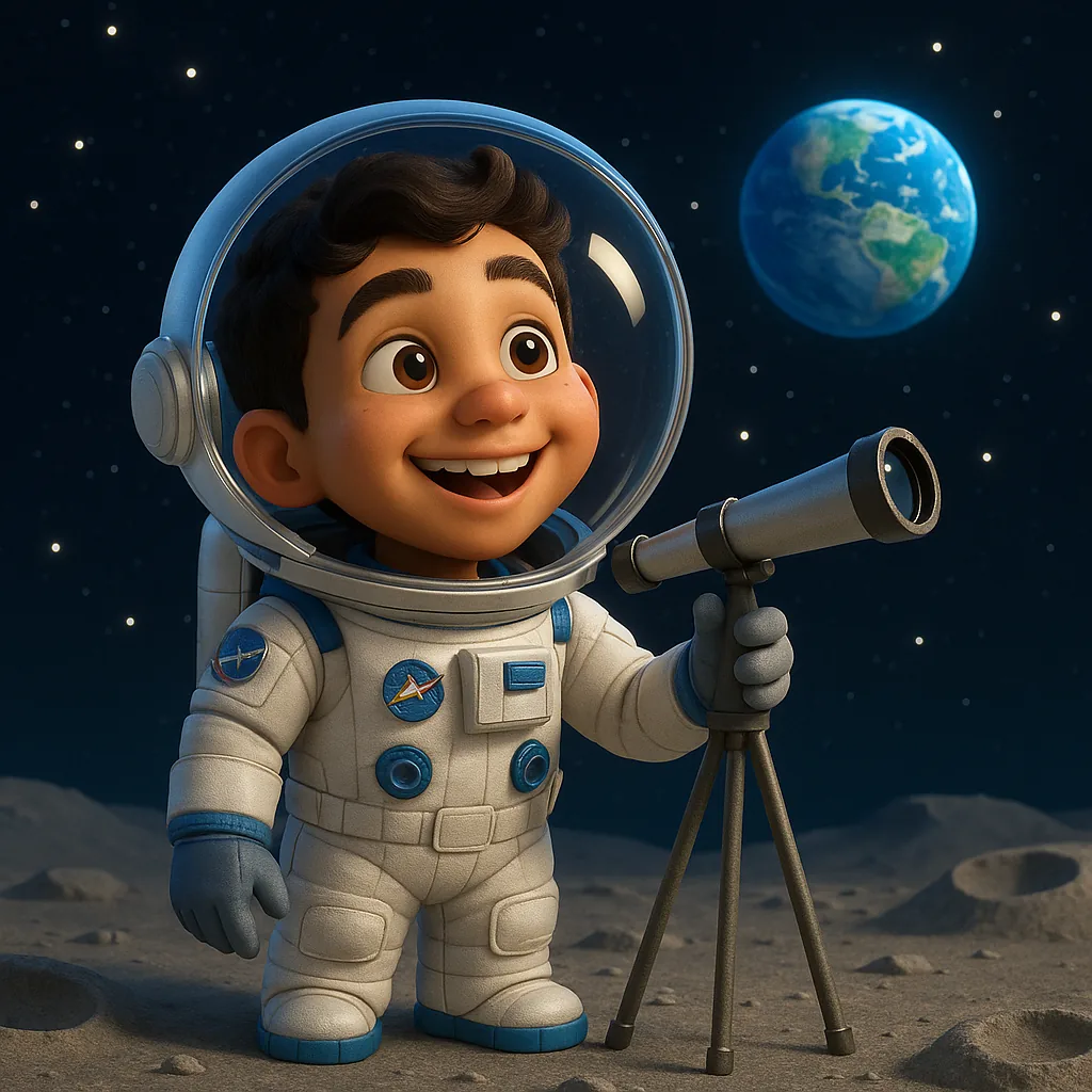 Illustrated young astronaut stargazing through a telescope on the Moon